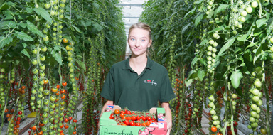 Member of staff looking at camera holding produce at Flavourfresh Salads